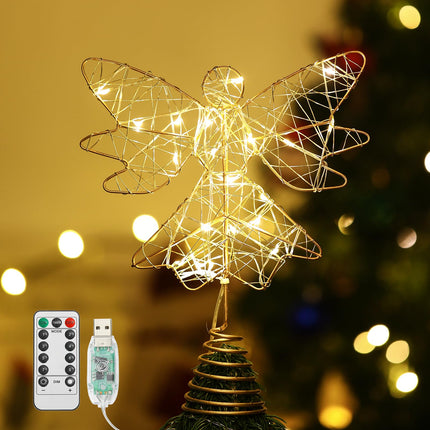 Lewondr Christmas Tree Topper Angel, USB Powered Remote Controlled 9.8 Inch Glittering Angel Christmas Tree Topper, 6H Timer Christmas Tree Angel Topper with Lights for Xmas Home Holiday Party, Gold