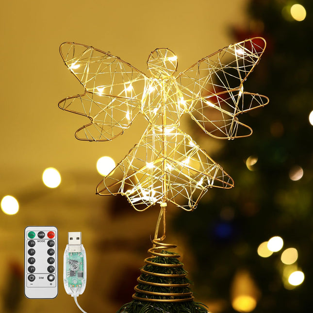 Lewondr Christmas Tree Topper Angel, USB Powered Remote Controlled 9.8 Inch Glittering Angel Christmas Tree Topper, 6H Timer Christmas Tree Angel Topper with Lights for Xmas Home Holiday Party, Gold
