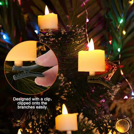 IMAGE Tealight Candles, LED Tealight Flicker Candles with Clips for Christmas Tree Decoration Timer Function Flickering, Battery Operated Flameless Tealight Candles, Pack of 12 Warm White