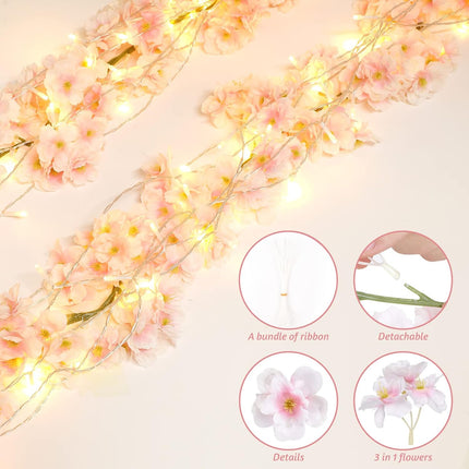 Sunm Boutique 12-Pack 70.8 Ft Artificial Cherry Blossom Garland Cherry Blossom Hanging Vine with 65.6 Ft Long 160 LED String Lights Silk Sakura Vines Garland for Wedding Party Home Decor, Pink