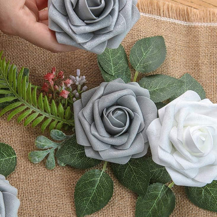 Floroom Artificial Flowers 50pcs Real Looking Shimmer Silver Grey Foam Fake Roses with Stems for DIY Christmas Tree Xmas Wedding Bouquets Party Tables Centerpieces Floral Arrangements Home Decor