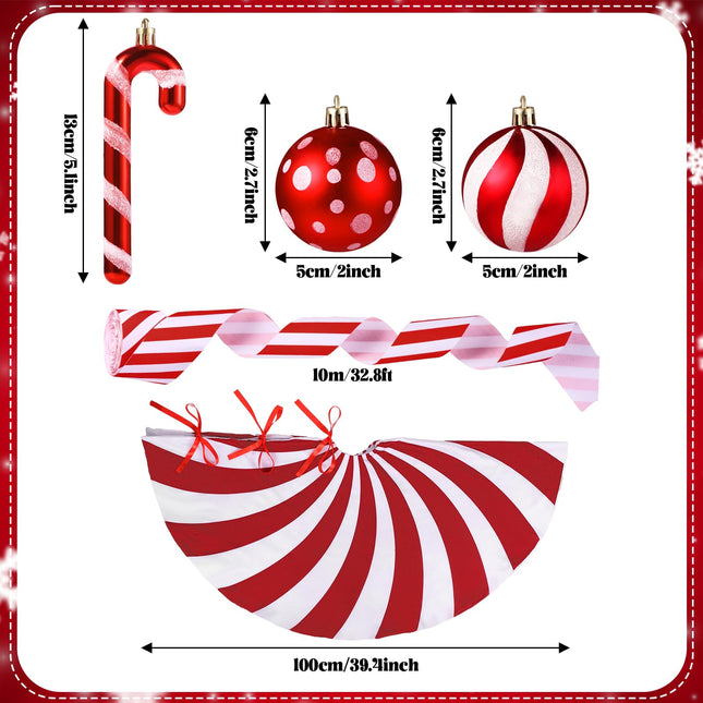 Shappy Red White Christmas Tree Ornaments Sets Red and White Christmas Tree Skirt Decorations Dots Stripes Ball Striped Fabric Plastic Canes for Xmas Holiday Party Supplies(39.4'')