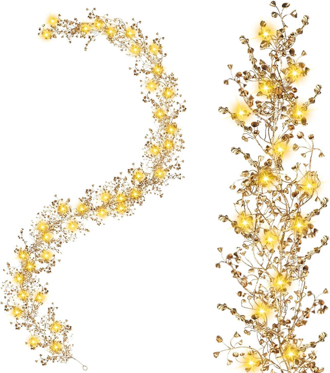 XHXSTORE 2 Pack Gold Christmas Garland 5.9 FT Berry Garland with Warm Lights Christmas Tree Garland Indoor for Home Mantel Fireplace Xmas Tree Party Holiday Winter Christmas Decorations