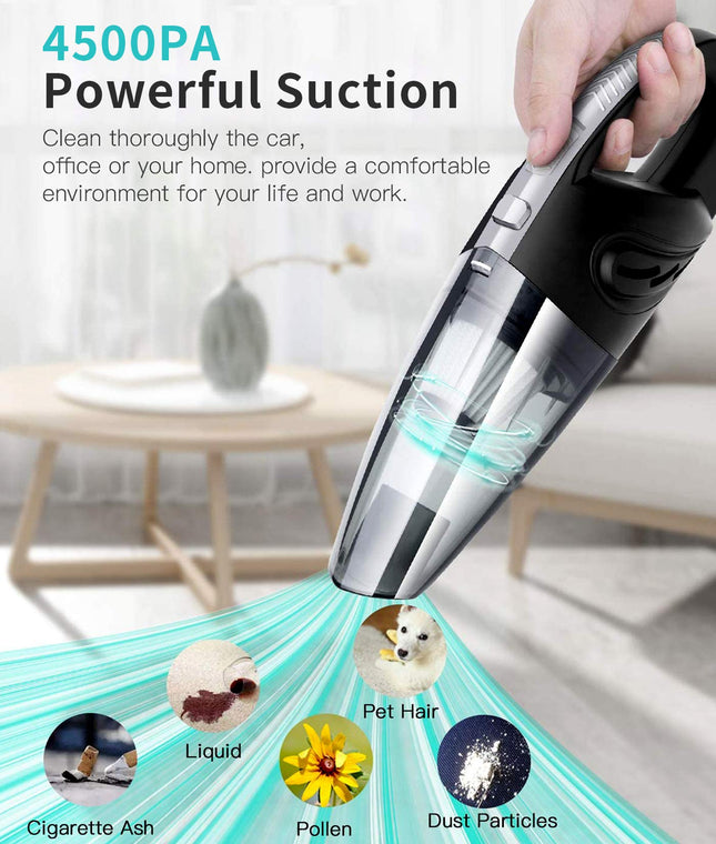 Uniqus Taiow Handheld Vacuum Usb Cordless Portable Wet Dry Vacuum Cleaner For Car Home Pet Hair With Filter Rechargeable 2200Mah Lithium Battery 120W 4500Pa Powerful Suction Black