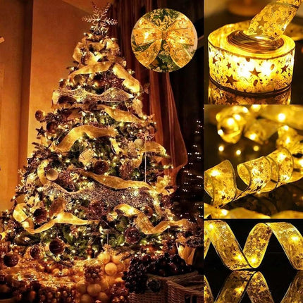 64ft Gold Christmas Ribbon Lights with 200 Led Fairy Lights Battery-Powered Copper Wire Ribbon Bows Lights for Christmas Year Decor