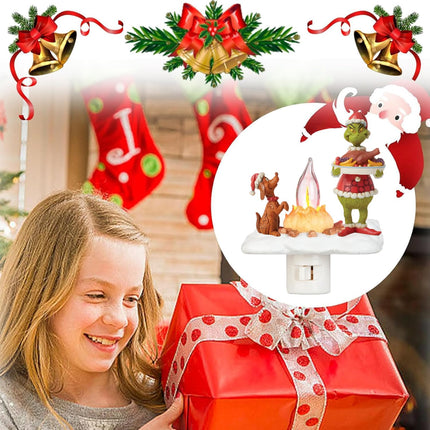 Grinnch Christmas Decorations, Ghost Campfire Flickering Nightlight Grinnch Holding Food Ornaments, Christmas Night Lights Plug into Wall Decorations for Wall Party Bedroom Living Room Hallway