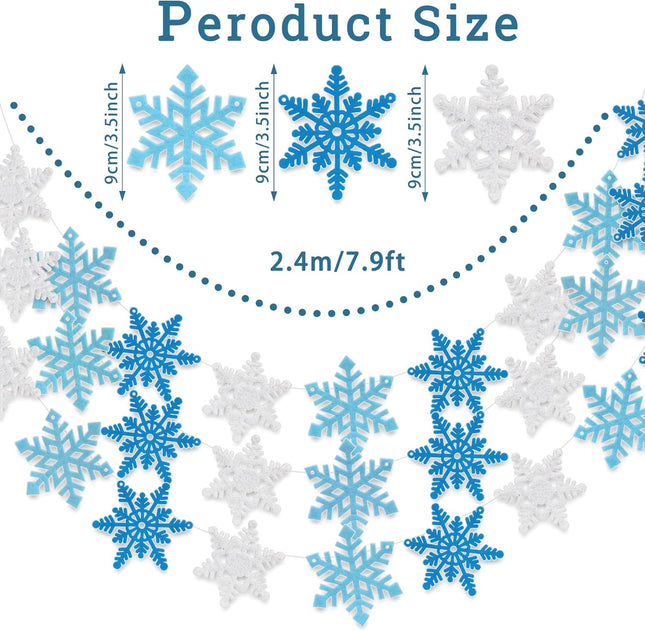 Whaline 4Pcs Snowflake Felt Banner White Blue Snowflake Garland Winter Bunting Garland for Christmas Winter Holiday Hanging Decoration