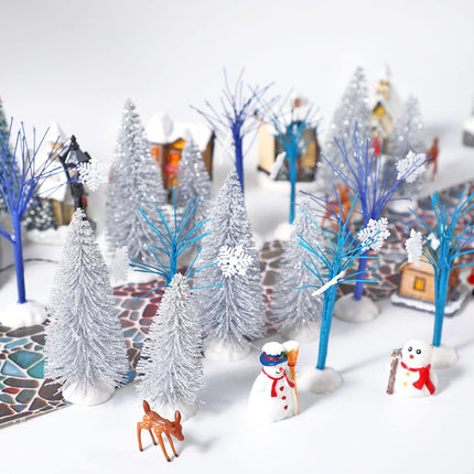 15 Pcs Mini Christmas Trees Bottle Brush Trees Set Christmas Village Sets Navy Blue Winter Village Accessories Ornaments for Christmas Decorations Snowflake Bare Branch Miniature Snow Frost Trees Home