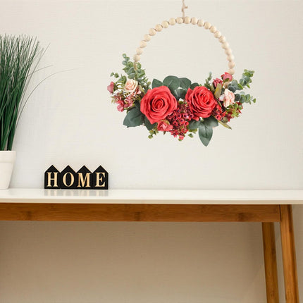 Christmas Wood Bead Red Rose Wreath Boho Farmhouse Decor Artificial Flower Eucalyptus Wreath for Front Door Windows Wall Hanging Room Decor 12" (Red)