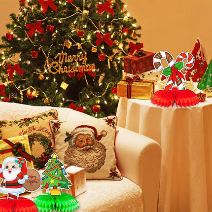 9PCS Christmas Tree Honeycomb Table Decorations for Home Party Christmas Gingerbread Man Snowman Santa Candy Cane Table Topper Centerpiece Decoration for Table Decor Christmas Party Supplies