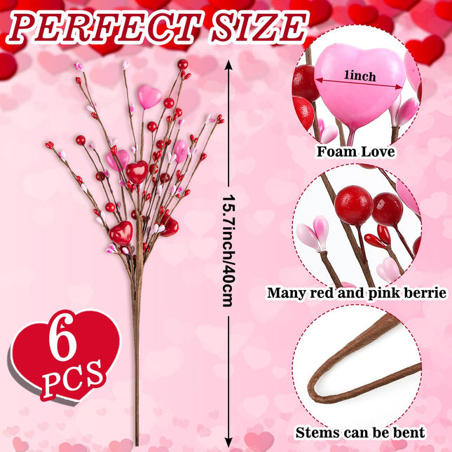 6 Pack Valentine’s Day Picks Artificial Berry Flower Stems Picks with Hearts for Valentines Day Decor and s Wedding Anniversary Decorations(16inch Pink + Red)