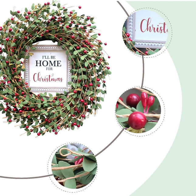 TEMPUS 20“ Christmas Wreath Artificial Berries Greens Wreath with Celebrate Christmas Sign Wreath for Front Door Wreath Home Farmhouse Holiday Party Festival Wall Decor (Red)