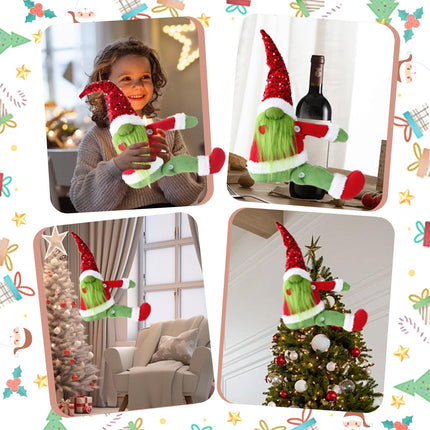 Christmas Tree Toppers Green Gnome Christmas Decorations with Star Unique Funny Christmas Tree Topper Plush Stuffed Gnome Ornaments Xmas Tree Decor for Wine Bottle Curtain
