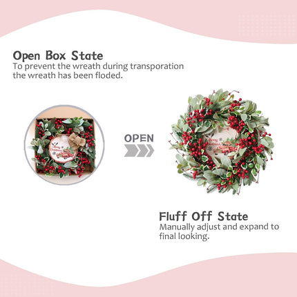 Tempus Artificial Christmas Red Berry Wreath, 20 Inch, Holiday Wreath with Wooden Panel, for Front Door, Outdoor, Indoor, Farmhouse Holiday Party, Winter Decorations