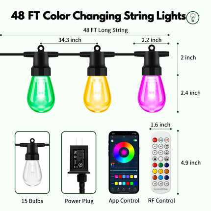 Outdoor String Lights Color Changing - 48FT Sync with Music Led Patio Lights Outdoor Waterproof with App and Remote Hanging 15 RGB Bulb Create Ambience for Garden, Cafe, Backyard, Christmas, Party