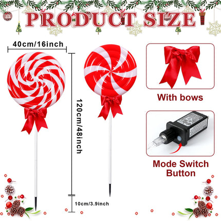 2Pcs 4ft/48 Large Christmas Lollipops Pathway Lights Outdoor 6 Modes Xmas Peppermint Candy Lights Candyland Decor Jumbo Giant Landscape Path Light for Outside Walkway Patio Yard Garden (Red White)