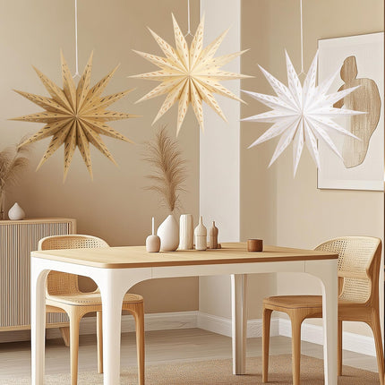 PAPER JAZZ 3 Pcs Christmas 3D Paper Star Lantern 9 Pointed Brown Hanging 12 Inch Beige Star Paper Lantern with String Light White Hollow Star Paper Lamp for Xmas Wedding Birthday Party Decorations