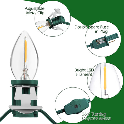 Meonum Accessory Cord with 9 LED Light Bulb, 16.4Ft C7 Christmas Village Lights Cord with Clip, Blow Mold Lights for Halloween Christmas Village Houses, Pumpkin Skeleton Holiday Decoration, Green