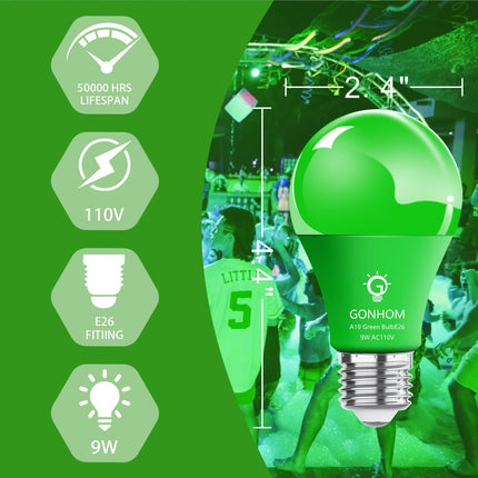 A19 LED Green Light Bulb, 9W Equivalent to 100W, Dimmable, E26 Base, 20000Hrs, for Party Decoration, Holiday Lighting, Halloween Light Bulbs, 2 Pack
