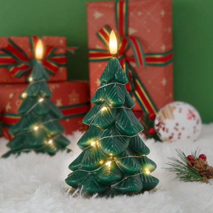 Flameless Flickering Remote Christmas Tree Shaped Candles with Light Strings, 4" x7" LED Battery Operated Green Handmade Carved Wax Timer 2 Pack Candles for Xmas Eve, Year, Christmas