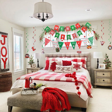 Merry Christmas Party Decorations Banner - Red Green Merry Christmas Banner, Pennant Flags Garland And Hanging Swirls for Christmas Party Decoration, Christmas Home Office Background Decor (MCB)
