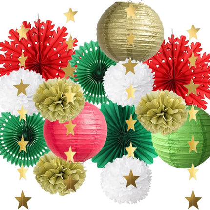 Red Green and Gold Christmas Decorations Snowflake Paper Fans Decorations Hanging Paper Lanterns Tissue Paper Pom Poms Kit with Star Garland Gold for Chritmas Party