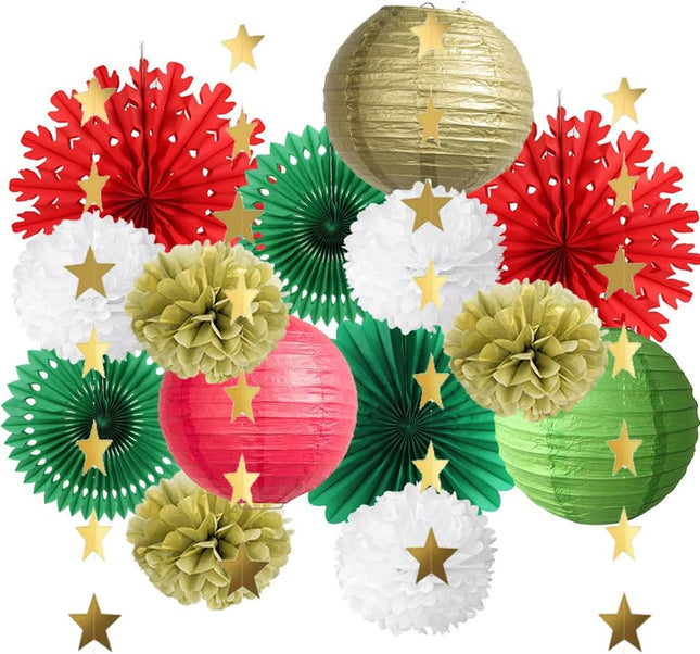 Red Green and Gold Christmas Decorations Snowflake Paper Fans Decorations Hanging Paper Lanterns Tissue Paper Pom Poms Kit with Star Garland Gold for Chritmas Party