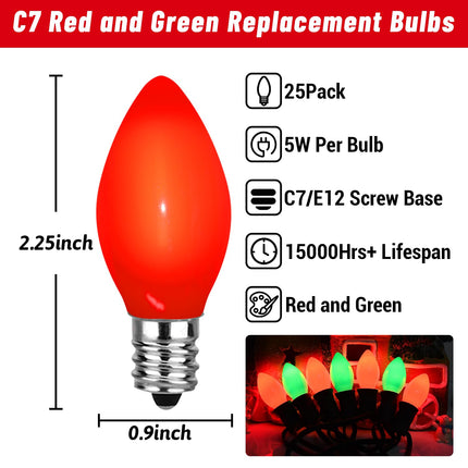 25 Pack C7 Christmas Red and Green Lights Replacement Ceramic Bulbs, Christmas Red Light Bulbs Green Light Bulbs for Christmas Day、Party and Wedding Decoration, E12 Candelabra Base, 5 Watts