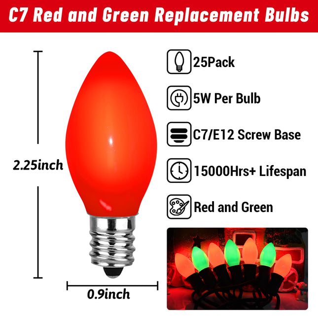 25 Pack C7 Christmas Red and Green Lights Replacement Ceramic Bulbs, Christmas Red Light Bulbs Green Light Bulbs for Christmas Day、Party and Wedding Decoration, E12 Candelabra Base, 5 Watts