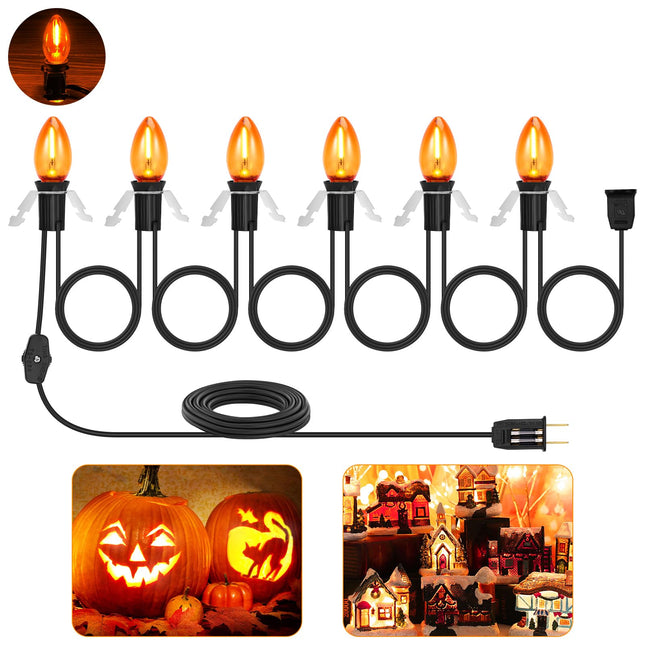 11.8ft Accessory Cord with 6 LED Light Bulb - 1 Pack Blow Mold Light with C7 Lamp with Switch, Christmas Village Light for Holiday, Indoor Decor, Craft Projects (Orange)