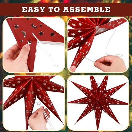 5 Set Christmas 3D Paper Star Lantern 9 Pointed Hanging Star Paper Lantern 24 Inch Hollow Star Paper Lantern Lampshade for Xmas Wedding Birthday Party Decor(Brown, Green, Beige, Red)