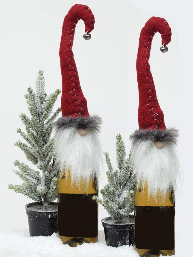 S/2 Gnome Wine Champagne Bottle Topper Decor Hostess Christmas Holiday s Favors 17" (Red Hook W Bell)
