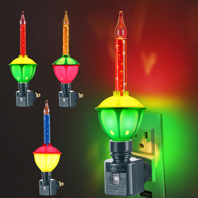 Hiboom 3 Pcs Christmas Bubble Night Lights with Dusk to Dawn Sensor,Multicolor Vintage Plug in Bubble Light Night Light with 360 Degree Swivel Plug for Bedroom Christmas Decoration,C7/E12 Base