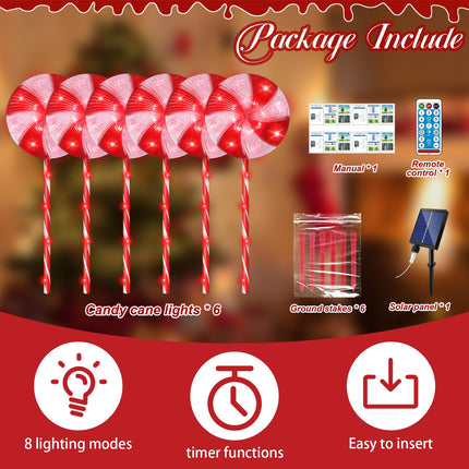 Solar Christmas Pathway Lights Outdoor 6 Pack, 31.4" Lollipops Peppermint Stake Lights 8 Modes, Remote Control USB Charge Candy Cane Christmas Decorations Outdoor for Xmas Yard Walkway Patio Decor