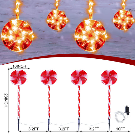 Set of 4 Lollipops Christmas Pathway Lights Outdoor 25" Candy Cane Peppermint Stake Light 80 LED Driveway Light with 8 Mode Waterproof Walkway Lights for Yard Patio Decor(Warm Light, Red and White)