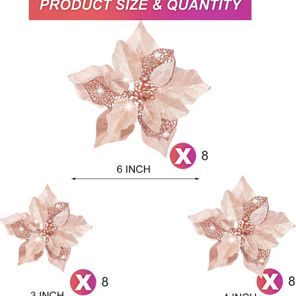 Boao 24 Pieces Christmas Artificial Glitter Poinsettia Flowers Xmas Flowers Wedding Christmas Tree Year Ornaments(Rose Gold)