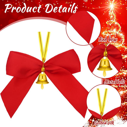 Hotop 48 Pcs Christmas Bows with Bells 3.5 Inch Gold Red Bows Christmas Decorations Twist Tie Small Premade Bows for Christmas Wreaths for Decorative Tree Hanging Ornaments Xmas Holiday Decor Crafts