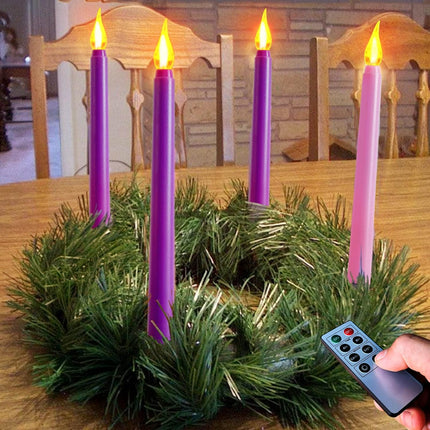 Set of 4 Battery Operated Flameless Taper Candles for Advent Wreath - 3 Purple, 1 Pink - Flickering Candles for Home, Church, School Decor