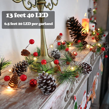 Garland with Lights Christmas Pine Garlands 13 Feet 40 LED Battery Operated Garland with Red Berry and Led Lights Xmas Tree Garland Berry Lights Holiday Light for Home Windows Fireplace Stairs