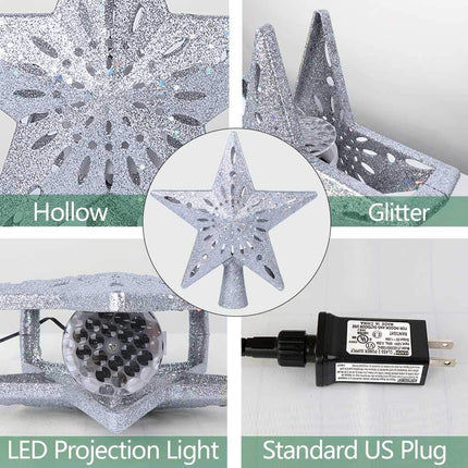 AerWo Christmas Tree Topper Lighted Star Tree Topper with Rotating Snowflake Projector Lights, 3D Glitter Hollow Star Tree Topper for Christmas Tree Decorations