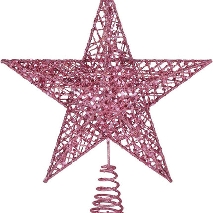 Christmas Tree Topper 10 Inch Pink Glitter Star with Metal Hollow Design Wire Star Treetop for Holiday Christmas Home Decoration