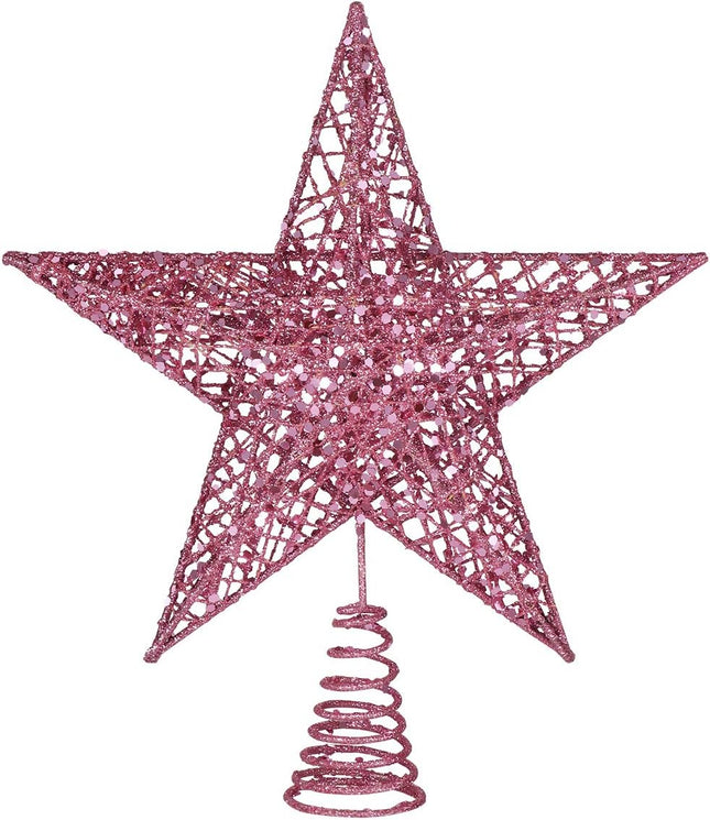 Christmas Tree Topper 10 Inch Pink Glitter Star with Metal Hollow Design Wire Star Treetop for Holiday Christmas Home Decoration