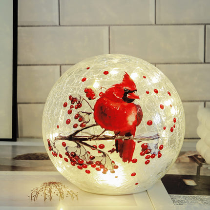 Crackle Glass Ball Cardinal Lamp, Light Up Red Bird Stained Glass Christmas Decor Accent Lamp, Lighted Globe Glass Table Lamp, Orb Cardinal Night Light, Mother's Day s, Led Sphere Desk Lamp