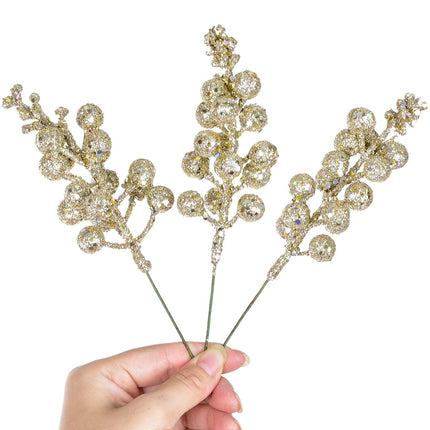 Lvydec 16pcs Christmas Glitter Berries Stems, 7.8" Artificial Christmas Picks for Christmas Tree Ornaments, DIY Xmas Wreath, Crafts, Holiday and Home Decor (Champagne)