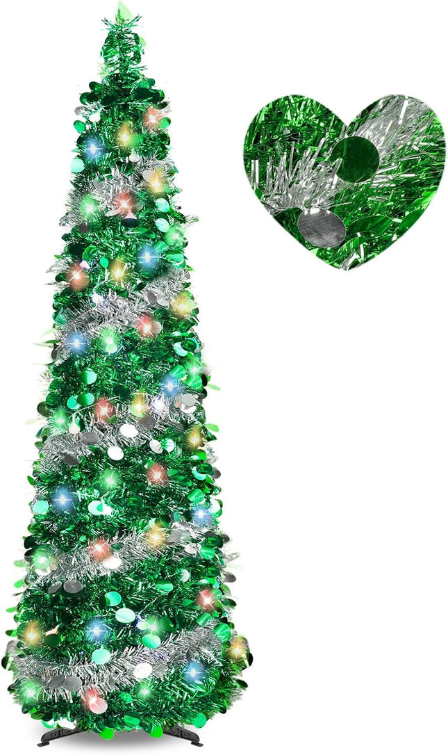 5FT Pop Up Christmas Tree Tinsel Christmas Tree with 8 Modes 90 Colorful Christmas Decorations Collapsible Christmas Tree for Indoor Home Holiday Christmas Party Decorations(Sliver/Green)