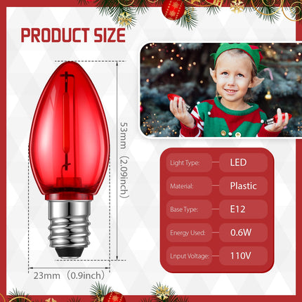 50 Pack Replacement Christmas Light Bulbs Shatterproof C7 LED Light Bulbs Mini Nightlight Bulbs for String Lights Candle Lamps E12 Candelabra Base Window Candle Indoor Outdoor (Red)
