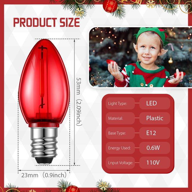 50 Pack Replacement Christmas Light Bulbs Shatterproof C7 LED Light Bulbs Mini Nightlight Bulbs for String Lights Candle Lamps E12 Candelabra Base Window Candle Indoor Outdoor (Red)