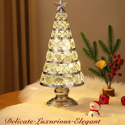 Lewondr Christmas Tree Lamp, 14 Inch Battery Powered Crystal Treetop Lighted Christmas Tree Decorative Light LED Lamp, Handmade Glass Tabletop Christmas Tree Ornament for Home Party , Silver