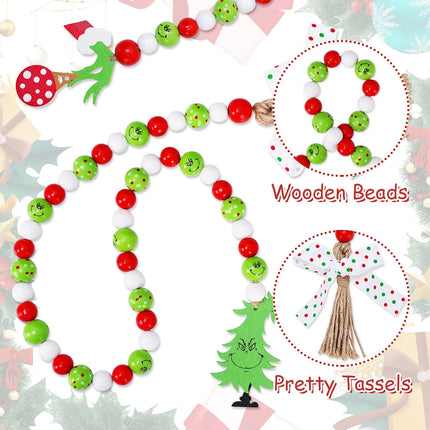 Whaline 2Pcs Christmas Wooden Bead Garlands Red Green Cartoon Character Rustic Wood Bead Garland with Rope Tassel Xmas Hanging Decor for Farmhouse Tiered Tray Home Decor Christmas Party Suppliers