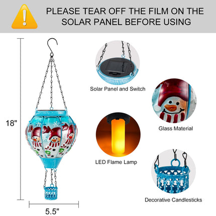 Christmas Hot Air Balloon Solar Lantern with Flame Decorations, Outdoor Waterproof Large Solar Hanging Snowman Lantern Xmas Glass Garden LED Light for Balcony Yard Patio Porch Decor
